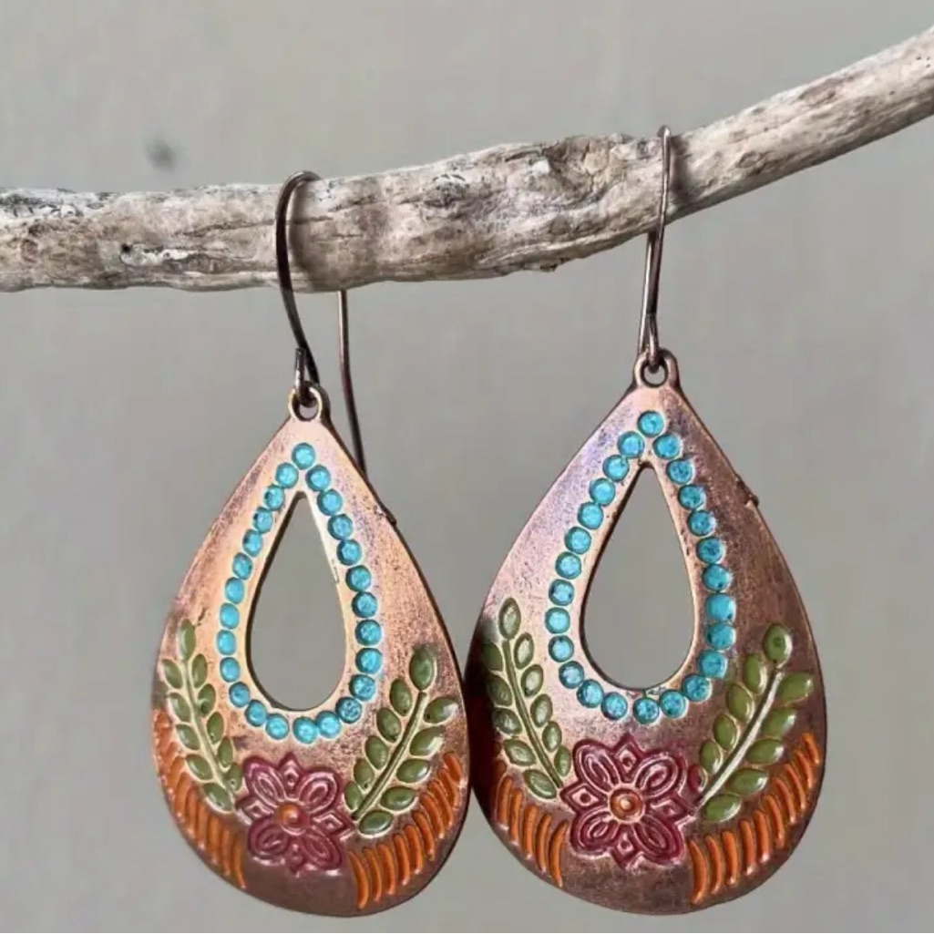 Bohemian Teardrop Earrings With Floral Design- Small
